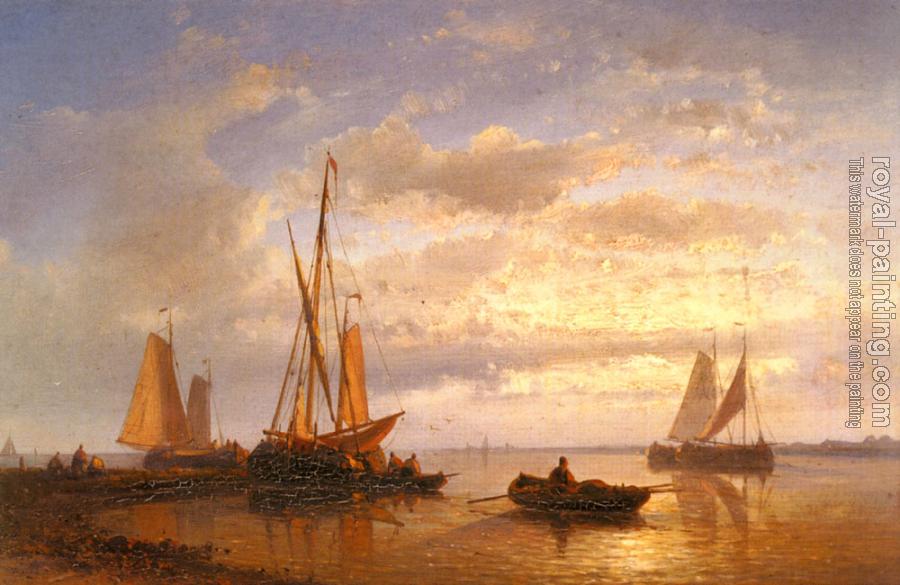 Abraham Hulk : Dutch Fishing Vessels In A Calm At Sunset